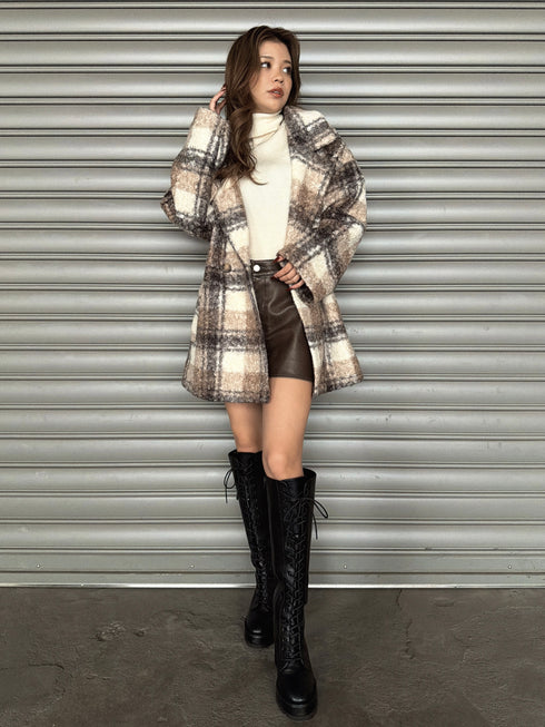 チェック柄ミドル丈コート